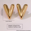 Macro shot of V-shaped gold stainless steel earrings with precise measurement details - V-Shape Design Heart