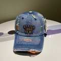 Detailed close-up of vintage denim baseball cap featuring NY 1892 3D embroidery and distressed texture - Adjustable / Yellow Letter