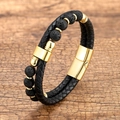Men's braided black leather bracelet with volcanic stone beads and gold magnetic clasp - 23CM / Gold Style 2