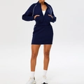 Two-piece navy blue yoga set with a zip-up jacket and matching mini skirt with white piping - S / Dark Blue (Sport Jacket + Sport Skirt)