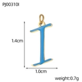 Detail view of gold enamel letter I pendant with dimensions 1.4cm height and 0.7g weight - Letter I-Blue