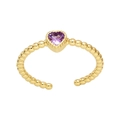 Detail of a purple heart gemstone ring with a golden beaded texture open band design - Adjustable Open / Purple