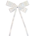 Close-up of white satin bow hair clip with long ribbons and a smooth silk texture - White