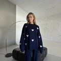 Ensemble pull oversize bleu marine à broderie cœur blanc pour femme style décontracté - S / Noir