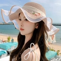 Khaki wide brim straw sun hat with floral embroidery and lace trim for beach vacations - Wave Rose Pink