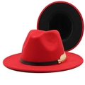 Detail of red wool felt fedora with black leather band and golden feather ornament - M (56-58cm) / Red & Black