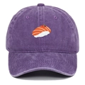 Detail of sushi embroidery on washed purple cotton baseball cap with vintage texture - Washed Purple