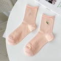 Pink cotton slouch socks with tulip embroidery and rolled edge detail for daily wear - One Size / Milky Pink