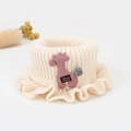 Cute cream white knitted baby hat scarf with pink deer patch and ruffled trim design - Beige Knitted Bib
