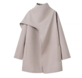Detail of grey wool coat featuring asymmetric shawl collar and diagonal side pockets - S / Gray