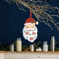 Detailed close-up of Santa Claus ornament with HO HO HO text hanging on a tree branch - No. 1 Small Santa Claus Tag