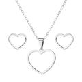 Detailed view of silver hollow heart necklace and stud earrings set on white background - 044 Steel Color