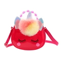 Detail of red unicorn girls bag with beaded handle and colorful fluffy pom pom accent - Rose Red