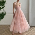 Rosa Tüll-Abendkleid mit Herz-Glitzer-Muster, Teelänge und Schleifen-Trägern - US Größe 2 (S) / Rosa