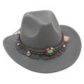Detail of grey wool fedora hat with ethnic turquoise beads and fringed tassel band - Light Gray