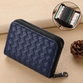 Blue woven leather accordion card holder with large capacity and zip closure - Blue