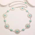 Detailed macro of Bohemian silver metal waist chain with turquoise sunflower inlays - Sunflower Artificial Turquoise Style (DZ-899) / Antique Silver