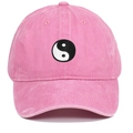 Detailed view of pink cotton baseball cap with embroidered Tai Chi Yin Yang symbol - One Size / Pink