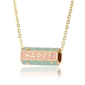 Close-up of hexagonal enamel pendant with Happy text and star pattern on gold chain - Gold-HAPPY/Pink & Blue Enamel