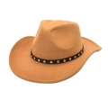 Close-up of a camel felt cowboy hat featuring a black leather band with metallic rivets - M (56-58cm) / Camel