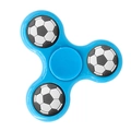 Blue three-leaf fidget spinner with black and white football pattern weights on ends - Classic Light Blue Soccer Pattern