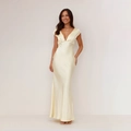 Elegante vestido largo de satén crema con escote en V profundo y manga corta - S / Amarillo claro