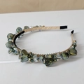 Detailed close-up of handmade luxury headband featuring emerald and grey crystal clusters - Style SJ005 / Tile Green