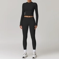 Ensemble de yoga noir pour femme avec haut court à manches longues et legging taille haute - Chemise À Manches Longues 8886 + Pantalon 8519 Noir Haut De Gamme. / S