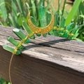 Detail of green crystal headband with gold wire wrap and crescent moon accessory - Grass Green Crystal Gold Wire Gold Moon