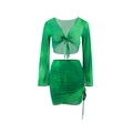 Detail of green tie-dye mesh crop top with V-neck tie and matching ruched mini skirt - S / Green