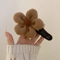 Brown plush flower hair claw clip with wool texture and black fabric wrapped handle - Khaki