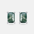 Natural green moss agate stud earrings in S925 sterling silver with rectangle cut stones - 925 Silver / Earrings (Green Moss Agate Rectangular 4*6MM)