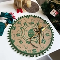 Round jute Christmas placemat with green pom-pom trim and festive Santa claus prints - Style 1 Green (Pom-poms)