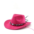 Rozerode suède cowboyhoed met turkooizen kralen en zwarte gevlochten etnische band - M (56-58cm) / Rozerood