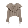 Taupe gebreide trui met ruffelkraag en strikje plus opengewerkte zoom in kort model - S / tan