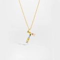S925 silver necklace with golden letter F pendant and multi-color gemstones inlay - Gold Letter T