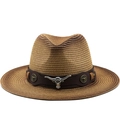Western straw cowboy hat in gradient brown featuring a silver bull head metal ornament - M (56-58cm) / Dark Brown Gradient