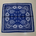Navy blue square satin scarf featuring white paisley patterns and elegant geometric borders - New Cashew Navy Blue Square Scarf / 65