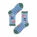Blue cotton socks with checkered patterns and rabbit motifs featuring dark green accents - 35-39 / Blue Checkered Rabbit Holding Doll