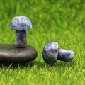 Blue and white spotted gemstone mini mushroom on dark pebble in natural setting - Blue Spot Stone