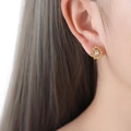 Elegant gold flower stud earrings with diamonds on model in a baroque style - F886-Sunflower White Crystal Zirconia