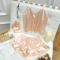 Three-piece champagne satin pajama set with camisole, ruffled shorts, and drawstring bag - S / Champagne 3-Piece Set (Including Storage Bag)