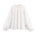 Women's white poplin shirt featuring ruffled high collar and pleated embroidered bubble sleeves - XS / White