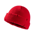 Short red knitted beanie for men and women with trendy distressed ripped edge design - Red