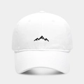 Detailed close-up of mountain peak embroidery on white cotton baseball cap with twill texture - Adjustable / White