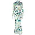 Detail of teal abstract print long sleeve slim fit maxi dress with ruched draping texture - S / Green Multicolor