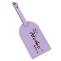 Detail of lilac PU leather luggage tag with gold lettering and adjustable strap - Light Purple