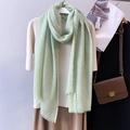 Mint green crinkle texture cotton linen scarf for women with fringe edges - Light Green