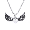 Pendentif ailes gothiques avec cœur sur chaîne box en acier inoxydable poli - Style Cœur Ailé (C0106) / Couleur Acier