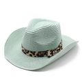 Detail of mint green woven straw cowboy hat with leopard print ribbon and bow decoration - M (56-58cm) / Mint Green